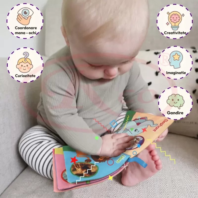 Carti senzoriale din material textil pentru bebelusi – set educativ cu fructe, legume si animale, +6 luni