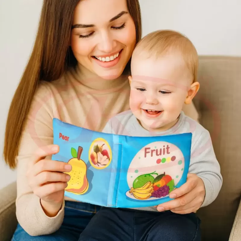 Carti senzoriale din material textil pentru bebelusi – set educativ cu fructe, legume si animale, +6 luni