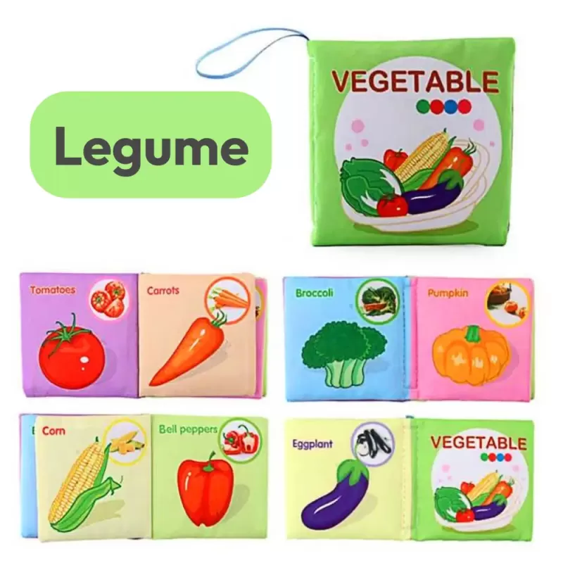 Carti senzoriale din material textil pentru bebelusi – set educativ cu fructe, legume si animale, +6 luni