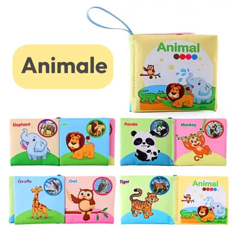 Carti senzoriale din material textil pentru bebelusi – set educativ cu fructe, legume si animale, +6 luni