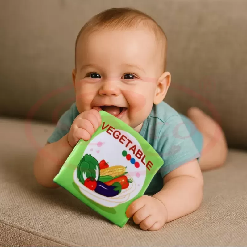 Carti senzoriale din material textil pentru bebelusi – set educativ cu fructe, legume si animale, +6 luni