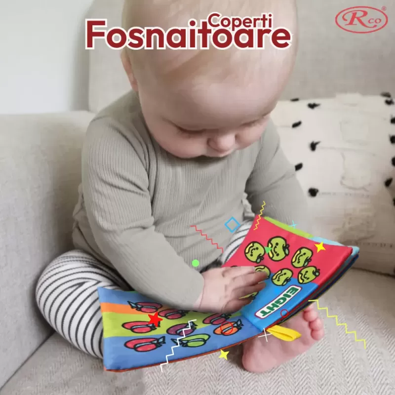 Set 8 carti senzoriale si fosnaitoare din material textil multicolor pentru bebelusi cu si fara agatatori cu tematici diverse, potrivite +6 luni, 4 pagini/8 fețe, 10x10x4 cm