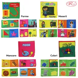 Set 8 carti senzoriale si fosnaitoare din material textil multicolor pentru bebelusi cu si fara agatatori cu tematici diverse, potrivite +6 luni, 4 pagini/8 fețe, 10x10x4 cm