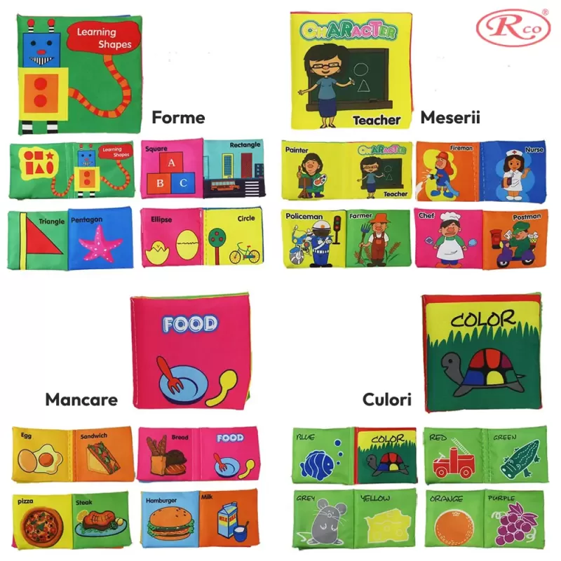 Set 8 carti senzoriale si fosnaitoare din material textil multicolor pentru bebelusi cu si fara agatatori cu tematici diverse, potrivite +6 luni, 4 pagini/8 fețe, 10x10x4 cm