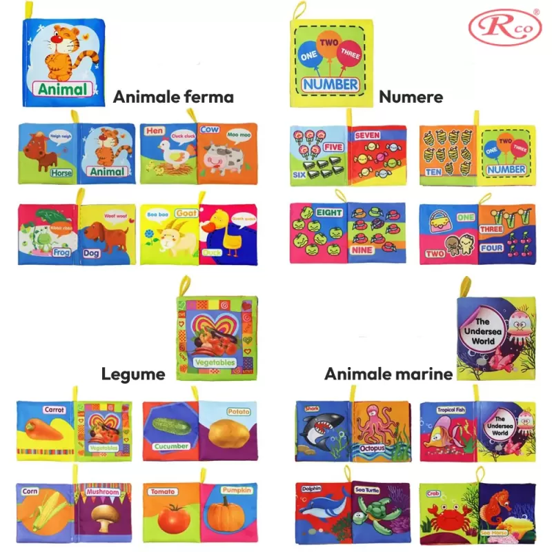 Set 8 carti senzoriale si fosnaitoare din material textil multicolor pentru bebelusi cu si fara agatatori cu tematici diverse, potrivite +6 luni, 4 pagini/8 fețe, 10x10x4 cm