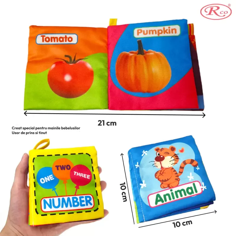 Set 8 carti senzoriale si fosnaitoare din material textil multicolor pentru bebelusi cu si fara agatatori cu tematici diverse, potrivite +6 luni, 4 pagini/8 fețe, 10x10x4 cm