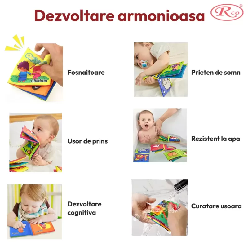 Set 8 carti senzoriale si fosnaitoare din material textil multicolor pentru bebelusi cu si fara agatatori cu tematici diverse, potrivite +6 luni, 4 pagini/8 fețe, 10x10x4 cm