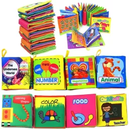 Set 8 carti senzoriale si fosnaitoare din material textil multicolor pentru bebelusi cu si fara agatatori cu tematici diverse, potrivite +6 luni, 4 pagini/8 fețe, 10x10x4 cm