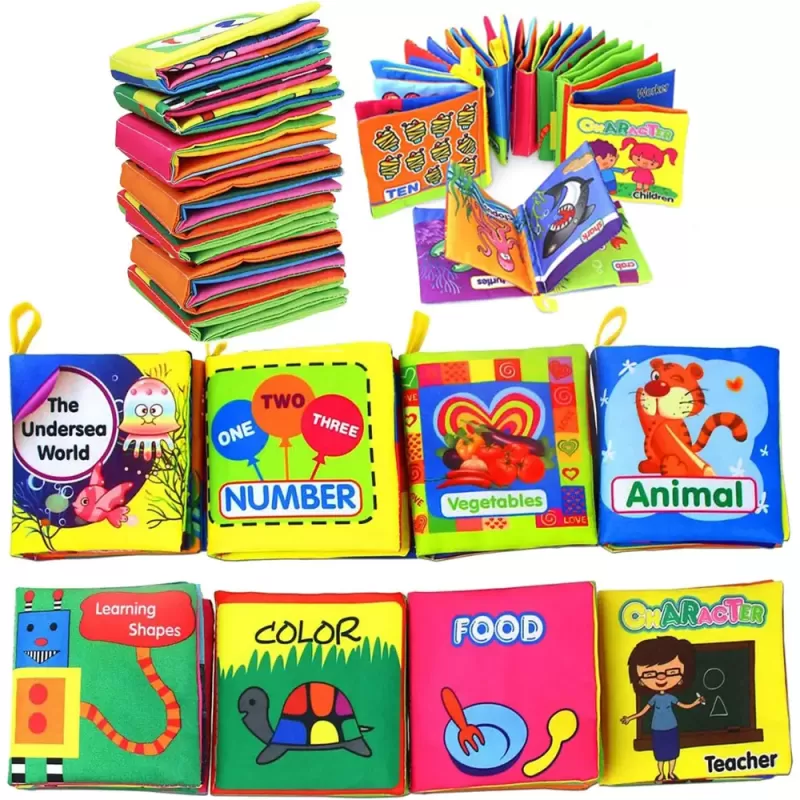 Set 8 carti senzoriale si fosnaitoare din material textil multicolor pentru bebelusi cu si fara agatatori cu tematici diverse, potrivite +6 luni, 4 pagini/8 fețe, 10x10x4 cm