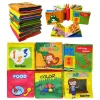 Set 6 carti senzoriale si fosnaitoare din material textil multicolor pentru bebelusi cu tematici diverse, potrivite +6 luni, 4 pagini/8 fețe, 10x10x4 cm