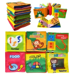 Set 6 carti senzoriale si fosnaitoare din material textil multicolor pentru bebelusi cu tematici diverse, potrivite +6 luni, 4 pagini/8 fețe, 10x10x4 cm