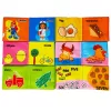 Set 6 carti senzoriale si fosnaitoare din material textil multicolor pentru bebelusi cu tematici diverse, potrivite +6 luni, 4 pagini/8 fețe, 10x10x4 cm
