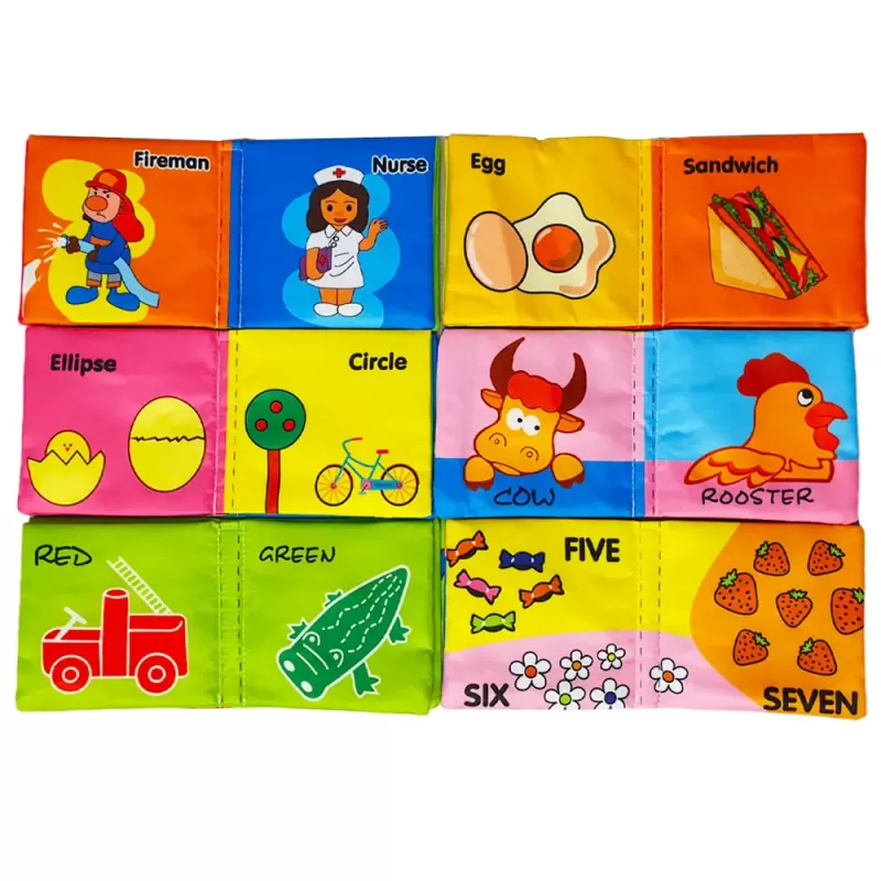 Set 6 carti senzoriale si fosnaitoare din material textil multicolor pentru bebelusi cu tematici diverse, potrivite +6 luni, 4 pagini/8 fețe, 10x10x4 cm