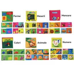 Set 6 carti senzoriale si fosnaitoare din material textil multicolor pentru bebelusi cu tematici diverse, potrivite +6 luni, 4 pagini/8 fețe, 10x10x4 cm