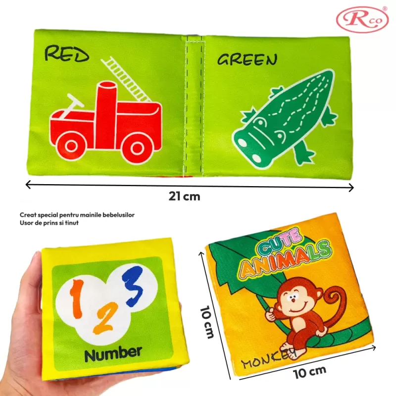 Set 6 carti senzoriale si fosnaitoare din material textil multicolor pentru bebelusi cu tematici diverse, potrivite +6 luni, 4 pagini/8 fețe, 10x10x4 cm
