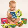 Set 6 carti senzoriale si fosnaitoare din material textil multicolor pentru bebelusi cu tematici diverse, potrivite +6 luni, 4 pagini/8 fețe, 10x10x4 cm