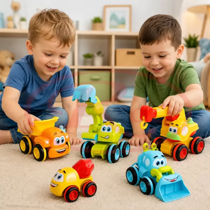 Set 5 Masinute de Constructie pentru Copii, Betoniera, Basculanta, Excavator, Automacara si Buldozer, Vehicule de Santier, 3+ Ani