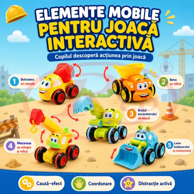 Set 5 Masinute de Constructie pentru Copii, Betoniera, Basculanta, Excavator, Automacara si Buldozer, Vehicule de Santier, 3+ Ani
