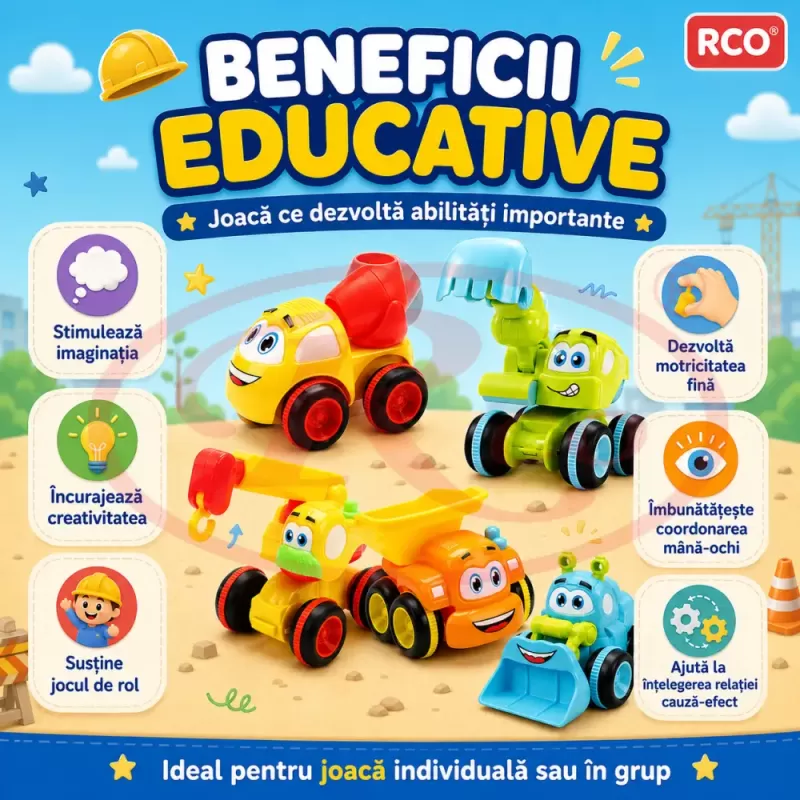 Set 5 Masinute de Constructie pentru Copii, Betoniera, Basculanta, Excavator, Automacara si Buldozer, Vehicule de Santier, 3+ Ani