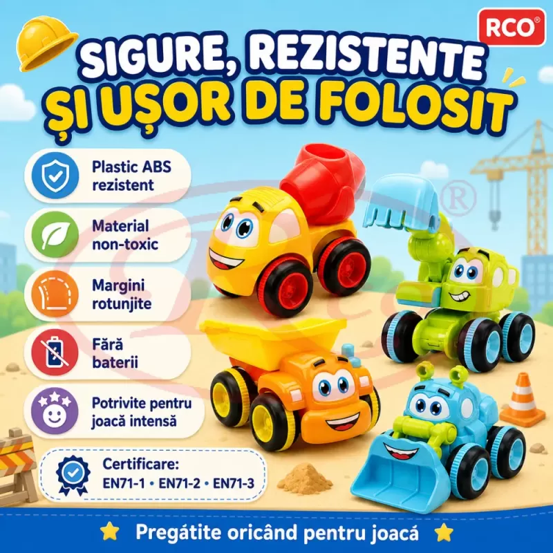 Set 5 Masinute de Constructie pentru Copii, Betoniera, Basculanta, Excavator, Automacara si Buldozer, Vehicule de Santier, 3+ Ani