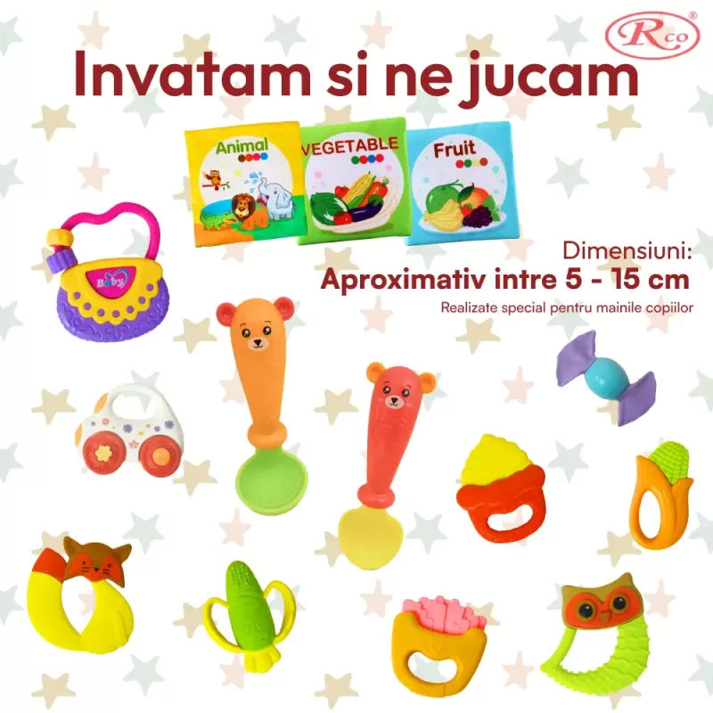 Set jucarii zornaitoare si carti senzoriale cu forme inovatoare, texturi diferite, multicolore, 14 buc, + 3-6 luni