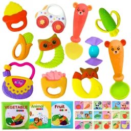 Set jucarii zornaitoare si carti senzoriale cu forme inovatoare, texturi diferite, multicolore, 14 buc, + 3-6 luni