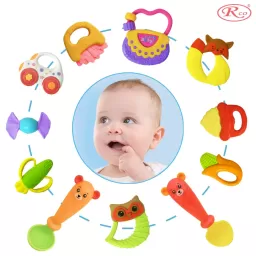 Set jucarii zornaitoare si carti senzoriale cu forme inovatoare, texturi diferite, multicolore, 14 buc, + 3-6 luni