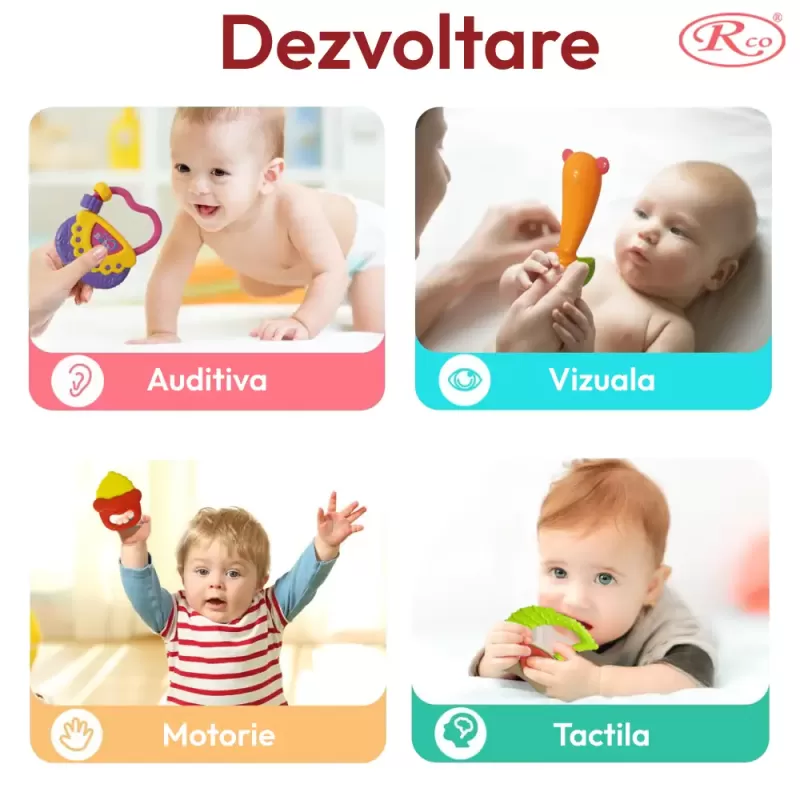 Set jucarii zornaitoare si carti senzoriale cu forme inovatoare, texturi diferite, multicolore, 14 buc, + 3-6 luni