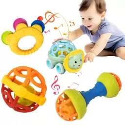 Set 4 Jucarii zornaitoare cu forme inovatoare, texturi diferite, pentru dentitie si motricitate, multicolore