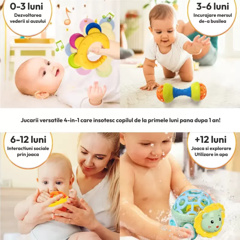 Set 4 Jucarii zornaitoare cu forme inovatoare, texturi diferite, pentru dentitie si motricitate, multicolore