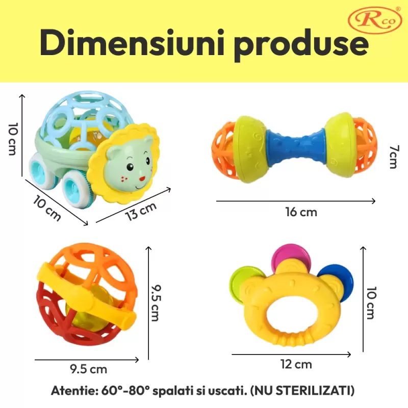 Set 4 Jucarii zornaitoare cu forme inovatoare, texturi diferite, pentru dentitie si motricitate, multicolore