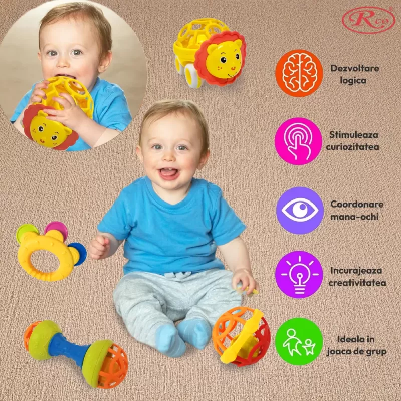 Set 4 Jucarii zornaitoare cu forme inovatoare, texturi diferite, pentru dentitie si motricitate, multicolore