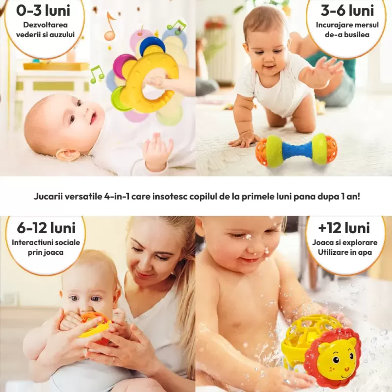 Set 4 Jucarii zornaitoare cu forme inovatoare, texturi diferite, pentru dentitie si motricitate, multicolore