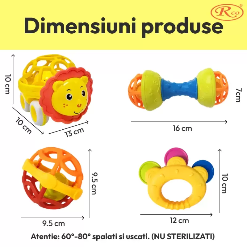 Set 4 Jucarii zornaitoare cu forme inovatoare, texturi diferite, pentru dentitie si motricitate, multicolore