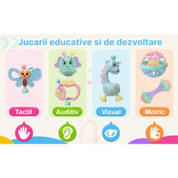 Set Jucarii Zornaitoare cu forme inovatoare, texturi diferite, pastel, 6 buc, +3luni