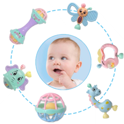 Set Jucarii Zornaitoare cu forme inovatoare, texturi diferite, pastel, 6 buc, +3luni