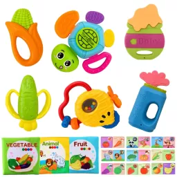 Set jucarii zornaitoare si carti senzoriale cu forme inovatoare, texturi diferite, multicolore, 9 buc, + 3-6 luni