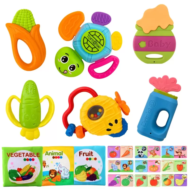 Set jucarii senzoriale pentru bebelusi cu 6 zornaitori si 3 carti senzoriale, 9 bucati
