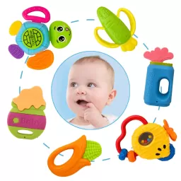 Set jucarii zornaitoare si carti senzoriale cu forme inovatoare, texturi diferite, multicolore, 9 buc, + 3-6 luni