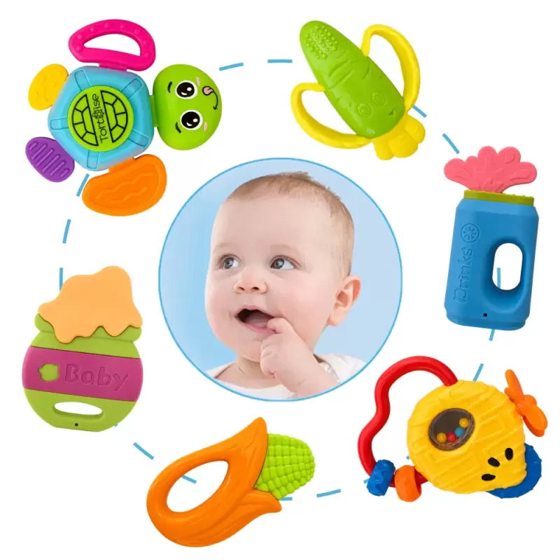 Set jucarii senzoriale pentru bebelusi cu 6 zornaitori si 3 carti senzoriale, 9 bucati