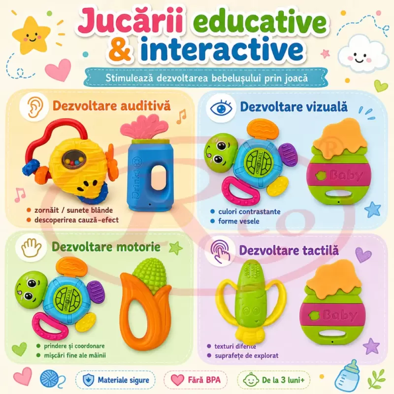 Set jucarii senzoriale pentru bebelusi cu 6 zornaitori si 3 carti senzoriale, 9 bucati