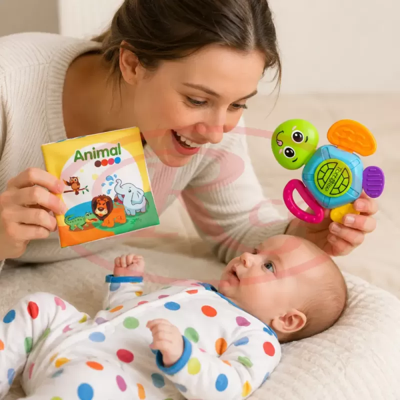 Set jucarii senzoriale pentru bebelusi cu 6 zornaitori si 3 carti senzoriale, 9 bucati