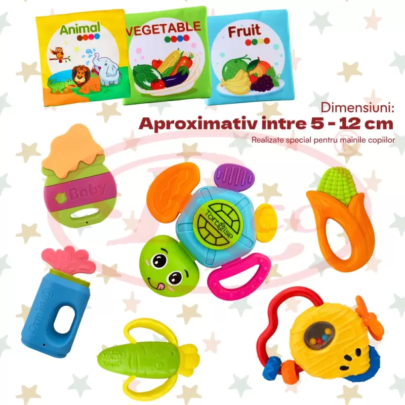 Set jucarii senzoriale pentru bebelusi cu 6 zornaitori si 3 carti senzoriale, 9 bucati