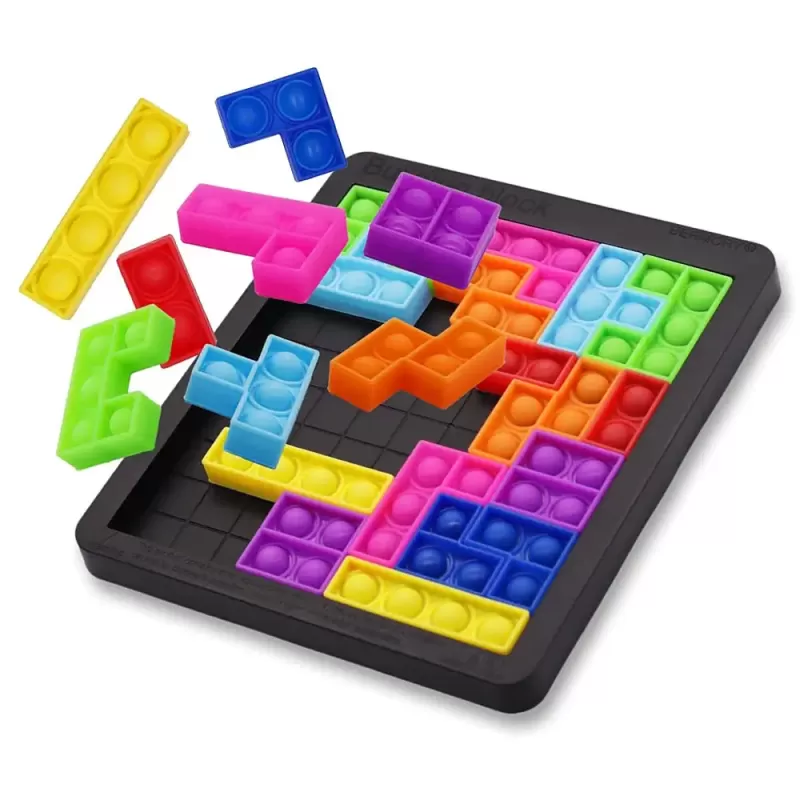 Joc clasic de tetris+Puzzle+Joc Pop It cu 24 de piese multicolore din silicon, 3+ani,