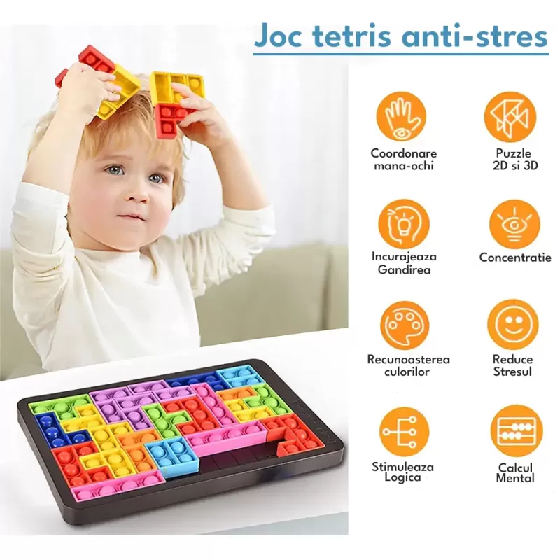 Joc clasic de tetris+Puzzle+Joc Pop It cu 24 de piese multicolore din silicon, 3+ani,