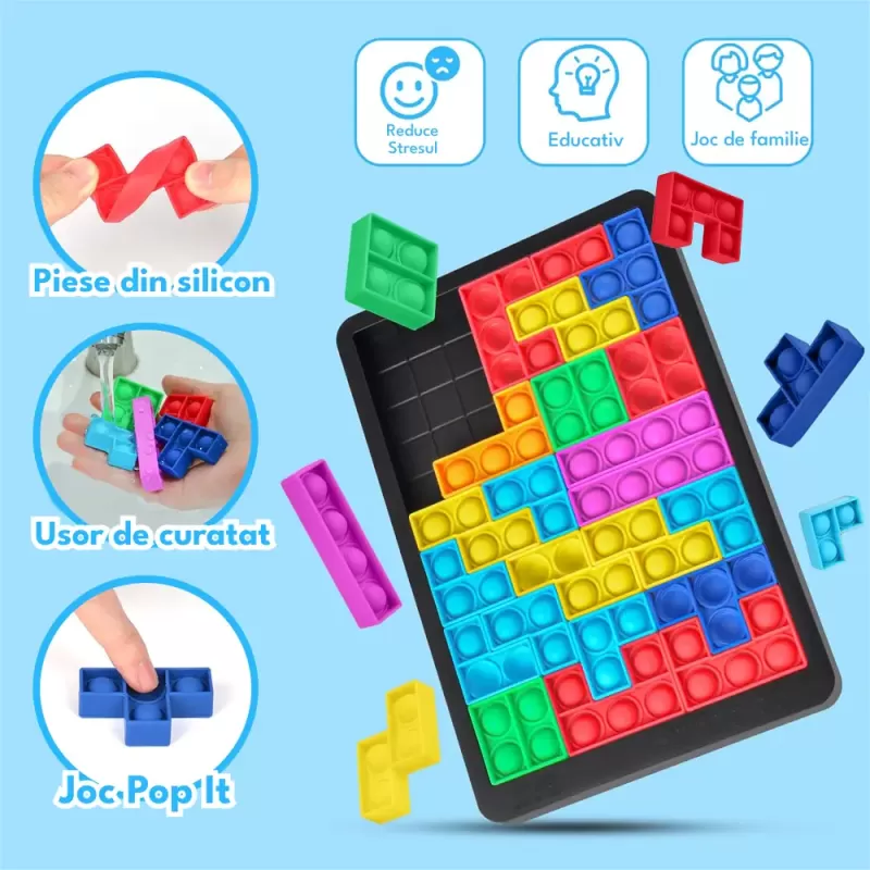 Joc clasic de tetris+Puzzle+Joc Pop It cu 24 de piese multicolore din silicon, 3+ani,