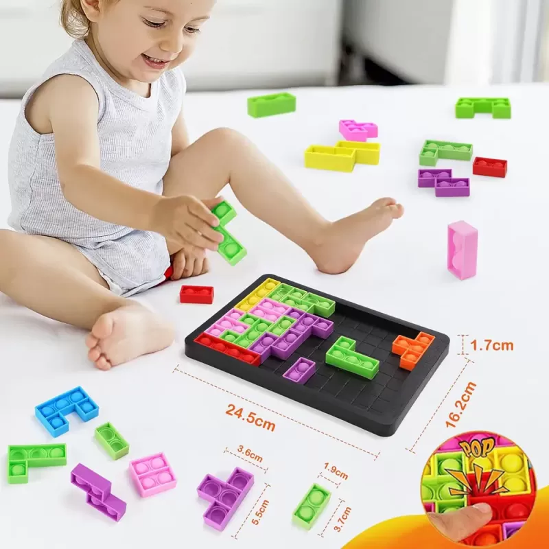 Joc clasic de tetris+Puzzle+Joc Pop It cu 24 de piese multicolore din silicon, 3+ani,
