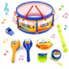 Set de instrumente muzicale pentru copii cu toba, flaut, fluier, maracas, tamburina si castaniete