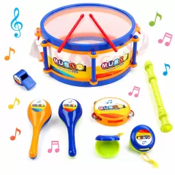Set instrumente muzicale pentru copii, 9 piese, toba cu bete, flaut, fluier, 2 maracase, tamburina, castaniete, multicolor, 3+ ani