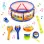 Set instrumente muzicale pentru copii, 9 piese, toba cu bete, flaut, fluier, 2 maracase, tamburina, castaniete, multicolor, 3+ ani